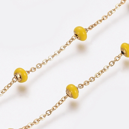 Stainless Steel Satellite Chains, with Enamel Beads and Spool, Soldered, Long-Lasting Plated, Flat Round, Golden