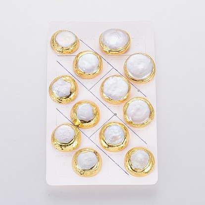 Natural Pearl Stud Earrings, with Brass Findings, Brass Ear Nuts, Earring Backs, with Plastic, Flat Round
