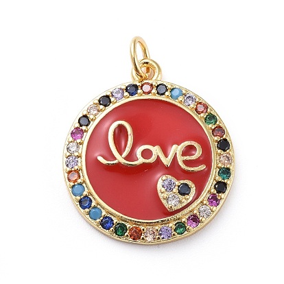 Brass Micro Pave Cubic Zirconia Pendants, with Enamel, Flat Round with Heart & Word Love, For Valentine's Day, Golden