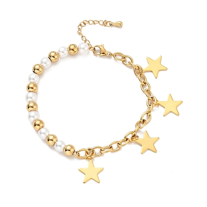 201 bracelet à breloques étoile en acier inoxydable, bracelet en perles de plastique avec 304 chaînes de câbles en acier inoxydable pour femmes