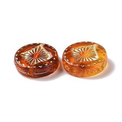 Transparent Acrylic Beads, Imitation Amber, Golden Metal Enlaced, Flat Round