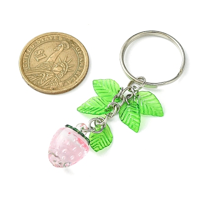 Porte-clés pendentif acrylique fraise/cerise/pomme, avec breloques feuilles et porte-clés en fer