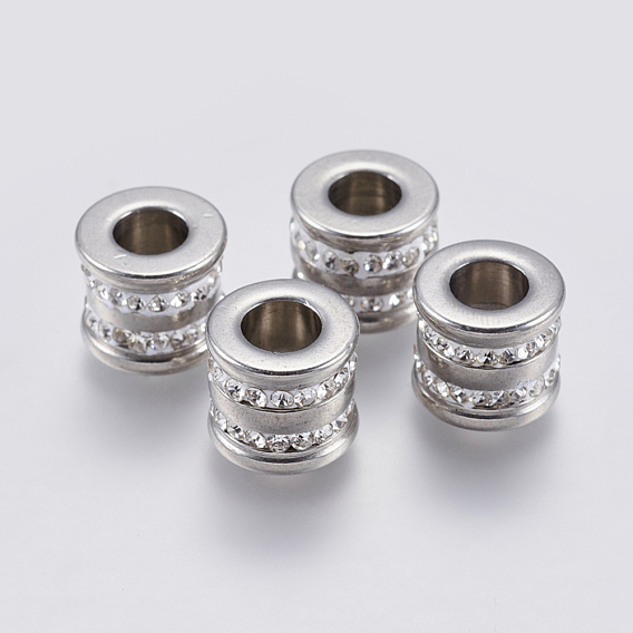 201 Stainless Steel Beads, with Polymer Clay Rhinestone, Large Hole Beads, Grooved, Column
