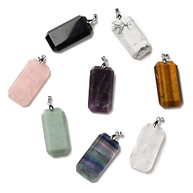 Natural Gemstone Pendants, Faceted Rectangle Charms, with Platinum Plated Brass Snap on Bails, Lead Free & Cadmium Free