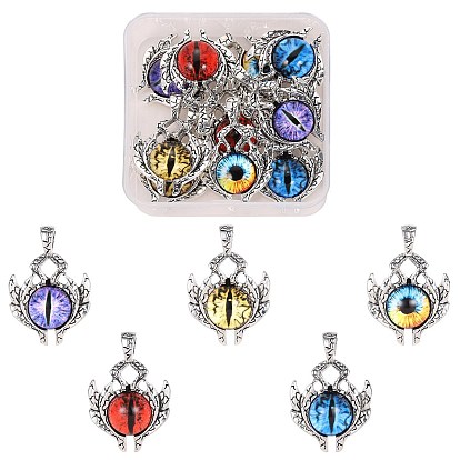 10pcs 5 pendentifs en verre de couleurs, avec accessoires en alliage plaqués argent antique, mauvais œil