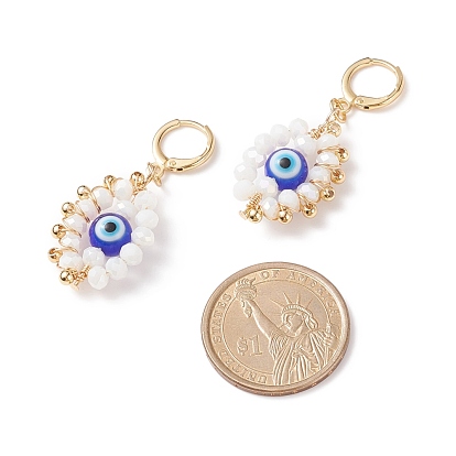 Lampwork & Glass Braided Horse Eye Dangle Leverback Earrings, Golden Brass Jewelry for Women
