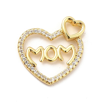 Rack Plating Brass Micro Pave Cubic Zirconia Pendants, Heart with Word MOM Charm for Mother's Day, Long-Lasting Plated, Cadmium Free & Lead Free