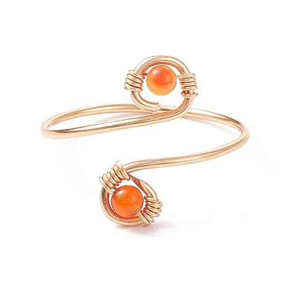 Round Natural Gemstone Braided Open Cuff Ring, Golden Copper Wire Wrap Jewelry for Women