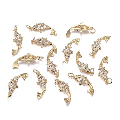 Brass Micro Clear Cubic Zirconia Pendants, Long-Lasting Plated, Fish Shape