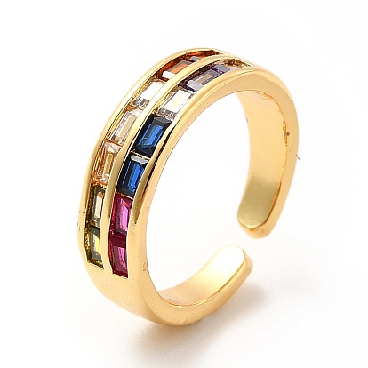 Colorful Cubic Zirconia Rectangle Open Cuff Ring, Brass Jewelry for Women