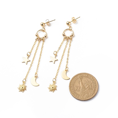 304 Stainless Steel Moon & Sun & Star Dangle Stud Earrings, Brass Long Tassel Drop Earrings for Women