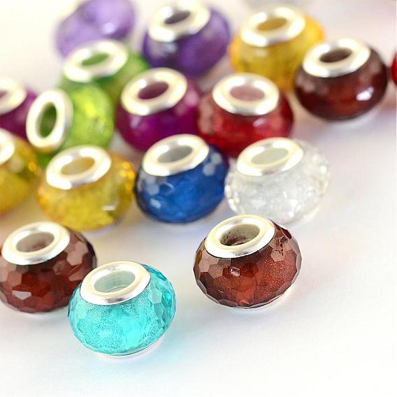 Resin European Beads, Large Hole Rondelle Beads, Faceted, with Silver Color Plated Brass Double Cores