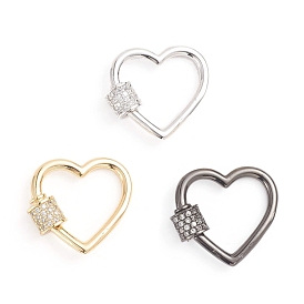 Brass Micro Pave Clear Cubic Zirconia Screw Carabiner Lock Charms, for Necklaces Making, Heart