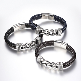 Men's Braided Leather Cord Bracelets, with 304 Stainless Steel Findings and Magnetic Clasps