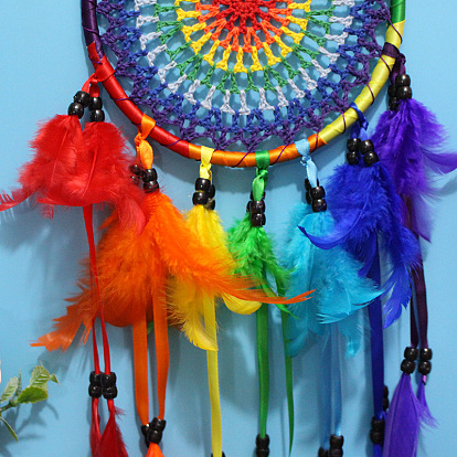 Polyester Thread Woven Net/Web with Feather Pendant Decoration, with Plastic Beads, Flat Round