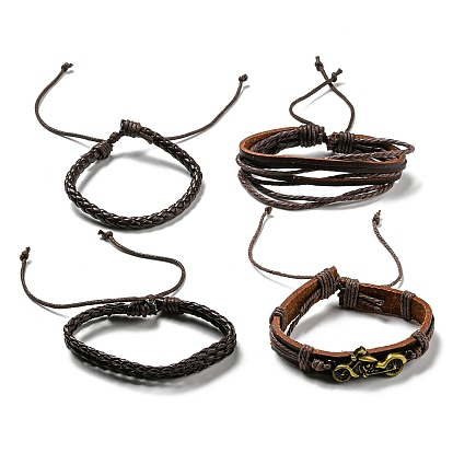 4Pcs 4 Style Adjustable Braided Imitation Leather Cord Bracelet Sets, Alloy Motorcycle Stackable Bracelets for Men