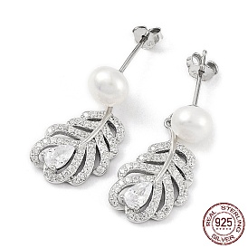 Plume de zircone cubique avec boucles d'oreilles pendantes en perles naturelles, 925 boucles d'oreilles en argent sterling pour femmes