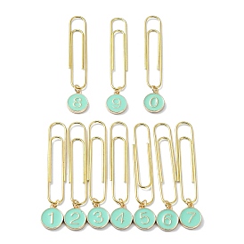Flat Round with Number 0~9 Alloy Enamel Pendant Bookmarks, Iron Long Paper Clips