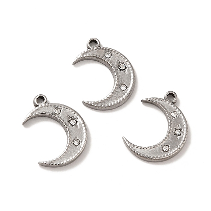 304 Stainless Steel Pendants, with Crystal Rhinestone, Crescent Moon Charms