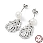 Cubic Zirconia Feather with Natural Pearl Dangle Stud Earrings, 925 Sterling Silver Earrings for Women