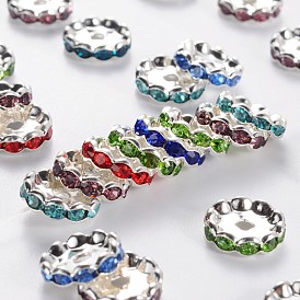 Grade A Brass Rhinestone Spacer Beads, Basketball Wives Spacer Beads for Jewelry Making, Rondelle, Nickel Free, Silver Color Plated Color