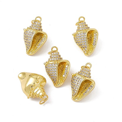 Rack Plating Brass Micro Pave Cubic Zirconia Pendants, with Jump Ring, Real 18K Gold Plated, Long-Lasting Plated, Cadmium Free & Nickel Free & Lead Free, Conch Charm