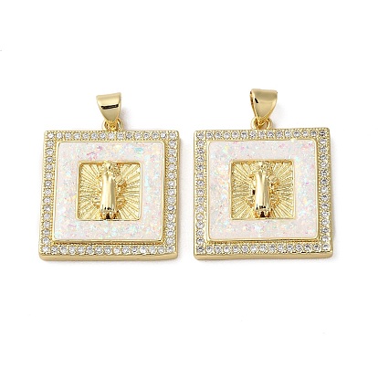 Brass Micro Pave Cubic Zirconia Pendants, with Shell, Square