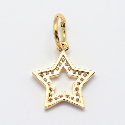 CZ Brass Micro Pave Cubic Zirconia Five-Pointed Star Charms, 15x14x2mm, Ring: 5.5x1.2mm