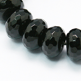 Natural Black Onyx Beads Strands, Dyed, Faceted, Rondelle, Black