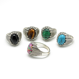 Gemstone Wide Band Rings, with Alloy Ring Findings, Oval, Antique Silver, Size 7~11