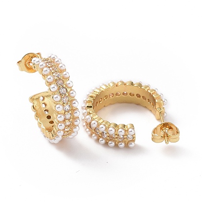 Aretes de anillo de circonita cúbica transparente con cuentas de perlas de plástico, joyas de latón para mujer