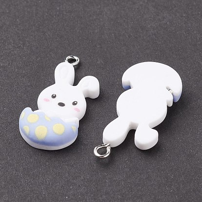 Opaque Resin Pendants, with Platinum Tone Iron Loops, Easter Theme, Rabbit with Eggshell