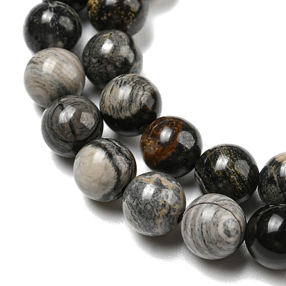 Perles de jaspe argent noir naturel, ronde