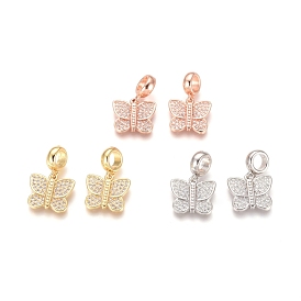 Brass Micro Pave Cubic Zirconia European Dangle Charms, Large Hole Pendants, Butterfly, Clear