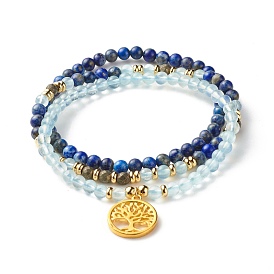 Stone Stretch Bracelets Set, Natural Lapis Lazuli & Aquamarine & Pyrite Round Beads Bracelets, Flat Round with Tree of Life Brass Charm Bracelets for Women, Golden
