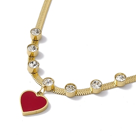 Red Acrylic Heart & Crystal Rhinestone Pendant Necklace with Herringbone Chains, Ion Plating(IP) 304 Stainless Steel Jewelry for Women