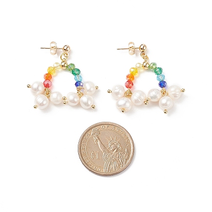 Natural Pearl & Glass Beaded Rainbow & Cloud Dangle Stud Earrings, Brass Drop Earrings for Women