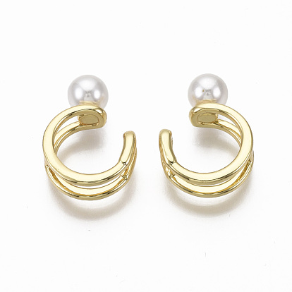 Brass Cuff Earrings, with ABS Plastic Imitation Pearl, Nickel Free