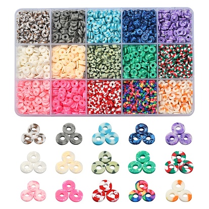 15 Colors Handmade Polymer Clay Beads Strands, for DIY Jewelry Crafts Supplies, Heishi Beads, Disc/Flat Round