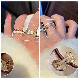 Crystal Rhinestone Open Cuff Ring with Enamel, Golden Brass Jewelry for Women