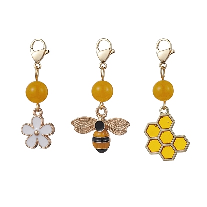 Décorations de pendentif en émail en alliage d'abeille, de nid d'abeille et de fleur, Perles de jade naturelles de Malaisie et breloques à fermoirs à pince de homard