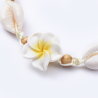 Colliers de perles tressées en fil de nylon ajustables, avec des perles de cauris, perles de bois et pâte polymère 3 d perles de plumeria fleur