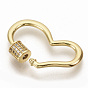 Brass Micro Pave Clear Cubic Zirconia Screw Carabiner Lock Charms, for Necklaces Making, Heart, Real 16K Gold Plated