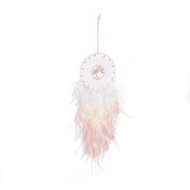 Toile/filet tissé en fer avec des décorations de pendentifs en plumes, avec des perles en plastique et en pierre de quartz fraise, recouvert d'un cordon en cuir, plat et circulaire avec arbre de vie