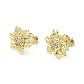 Brass Micro Pave Clear Cubic Zirconia Stud Earrings, Sunflower