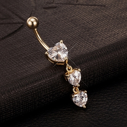 Real 18K Gold Plated Brass Cubic Zirconia Navel Ring Navel Ring Belly Rings, with 304 Stainless Steel Bar, 44x9mm