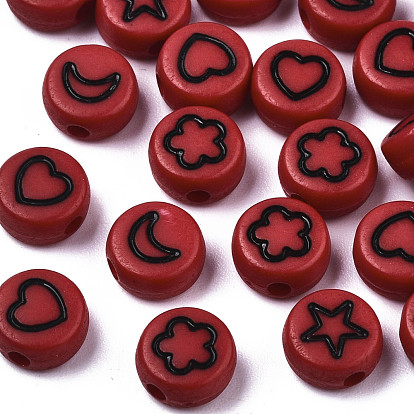Opaque Acrylic Beads, with Enamel, Flat Round with Heart & Star & Moon & Flower