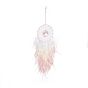 Iron Woven Web/Net with Feather Pendant Decorations, with Plastic and Strawberry Quartz Stone Beads, Covered with Leather Cord, Flat Round with Tree of Life