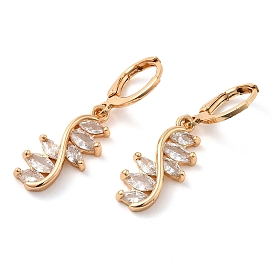Rack Plating Golden Brass Dangle Leverback Earrings, with Cubic Zirconia, Leaf