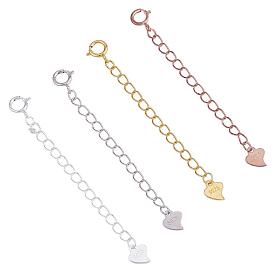 4 Pieces Extension Chain with Spring Clasp Sterling Silver Extender Chains with Love Heart Necklace Bracelet Anklet Removable Chain Extenders Charms for DIY Jewelry Making Accessories